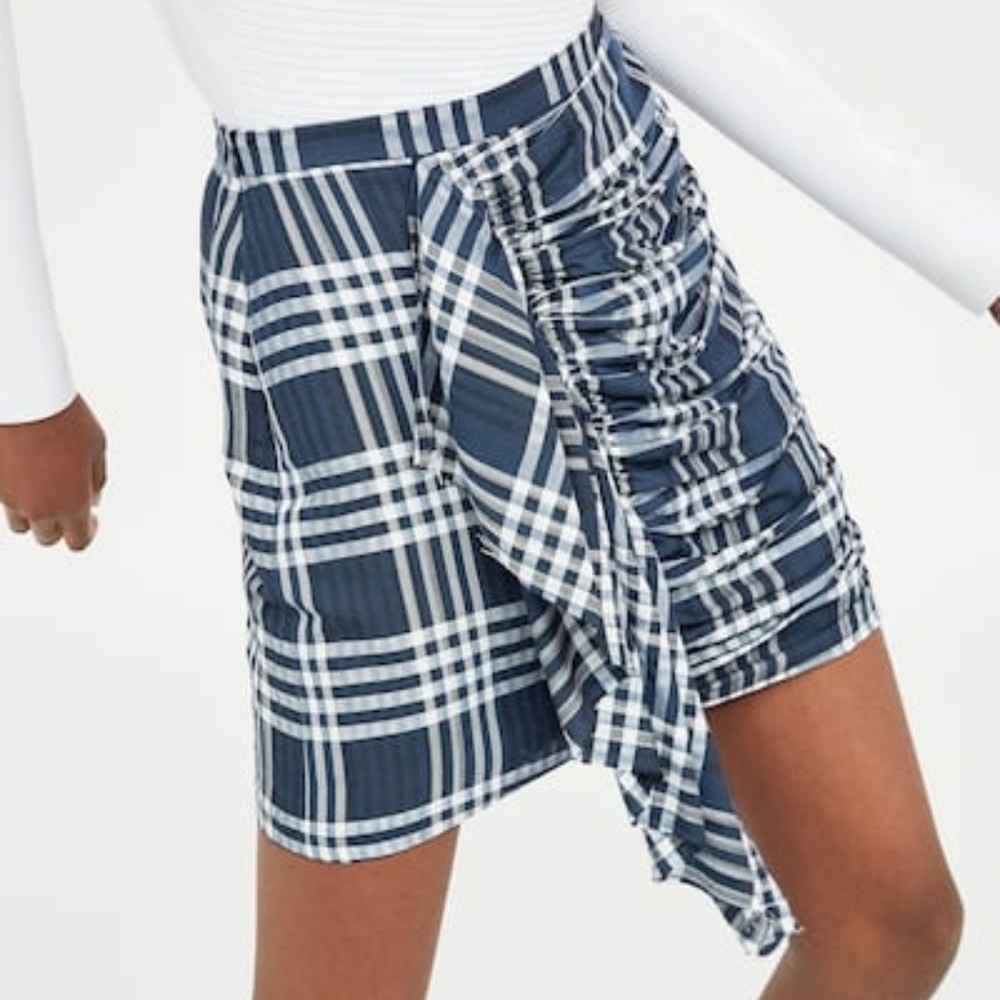 Zara blue and white checked gathered skirt large
